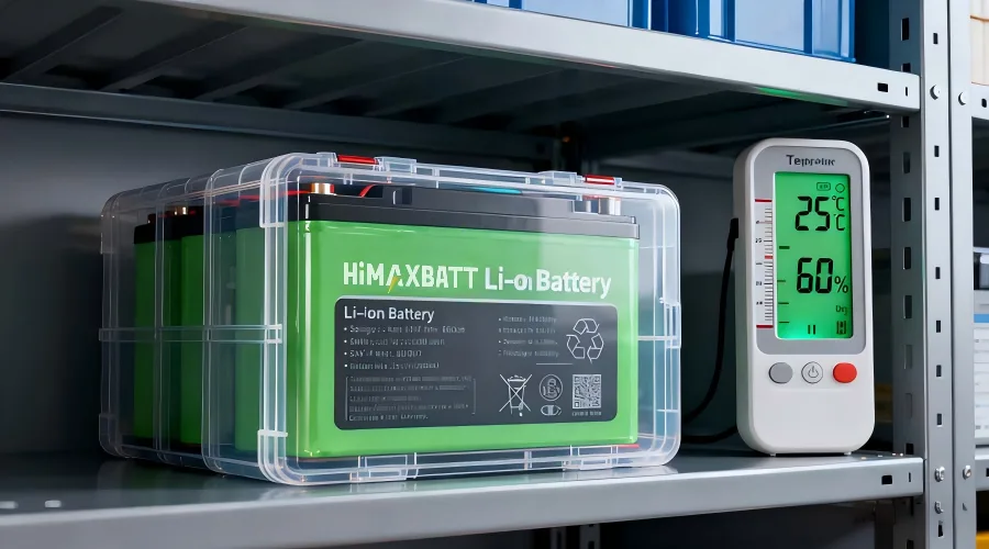 HiMAXBATT Li-ion battery pack in waterproof transparent case on storage shelf, with temperature and humidity environment monitor