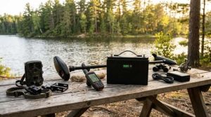 Comprehensive overview photo of outdoor hunting and fishing power equipment including LiFePO4 batteries and outdoor gear
