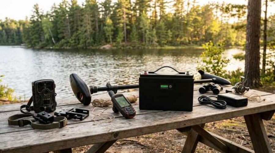 Comprehensive overview photo of outdoor hunting and fishing power equipment including LiFePO4 batteries and outdoor gear