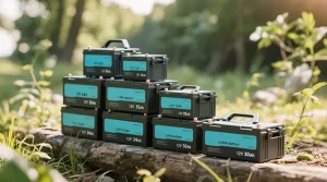A stack of 12V LiFePO4 batteries connected to a smart 12V lithium battery charger