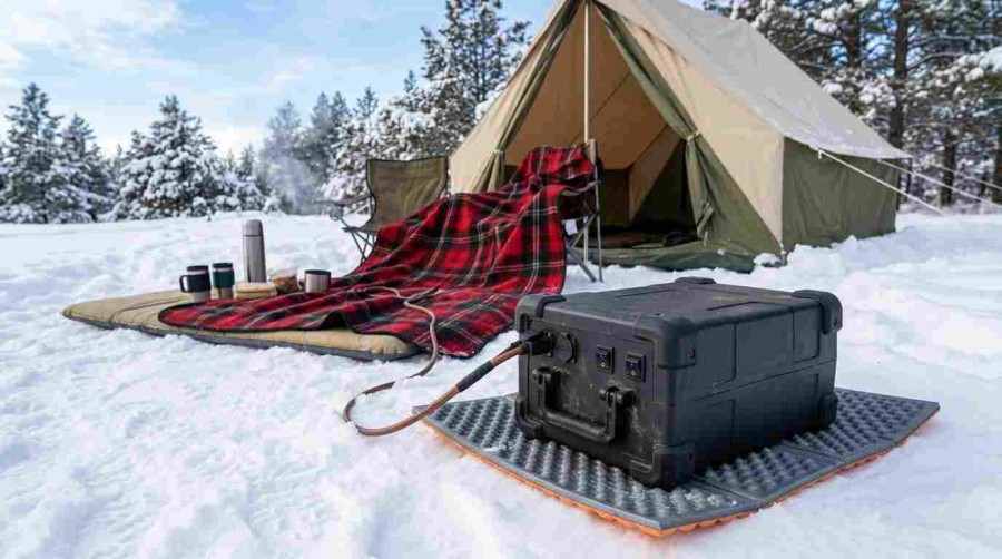 A rugged LiFePO4 battery pack operating safely on an insulated pad in cold snowy outdoor conditions near a camping tent.