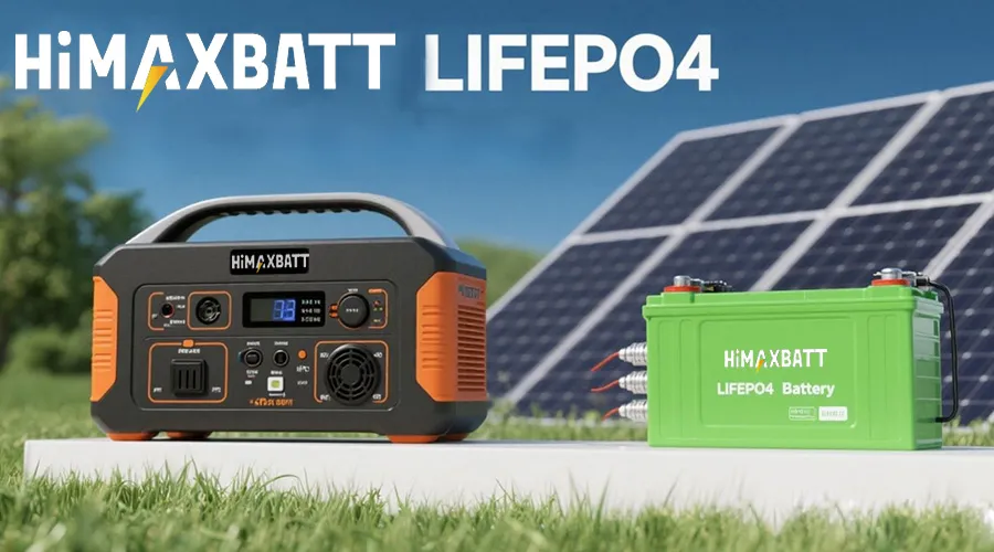 HiMAXBATT LiFePO4 battery pack connected to a solar generator and solar panel array