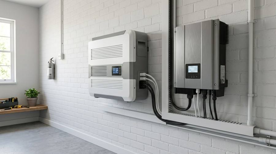 A modern 51.2V 100Ah LiFePO4 wall-mounted solar battery unit installed in a utility room alongside a hybrid solar inverter.