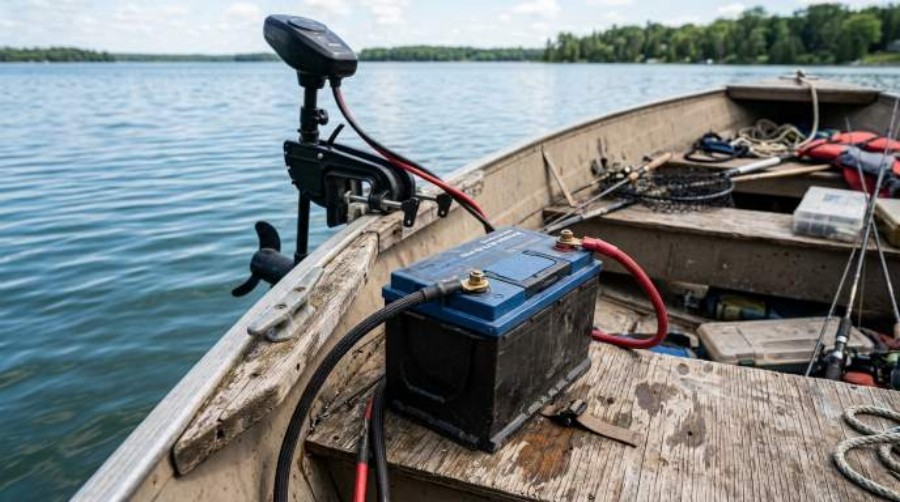 A rugged 12V LiFePO4 marine battery installed on a fishing boat deck connected to outdoor gear
