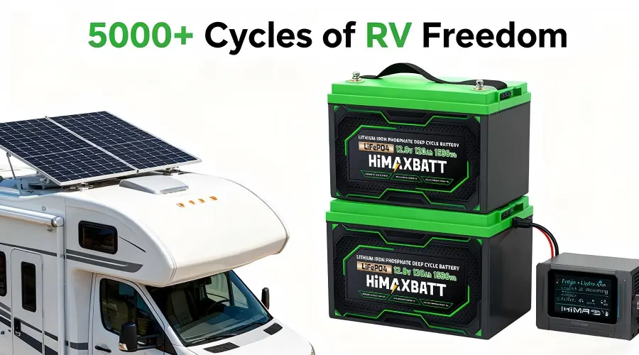 Two stacked HiMAXBATT LiFePO4 batteries paired with RV solar panel system