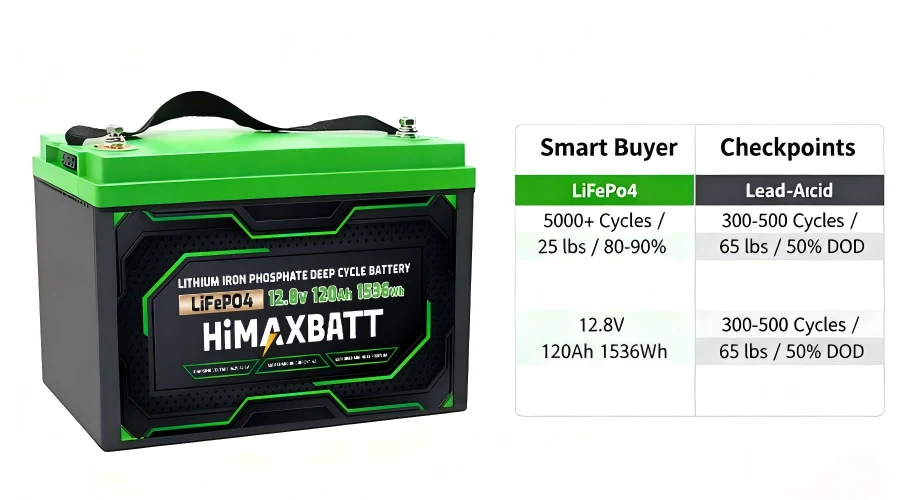 HiMAXBATT LiFePO4 battery compare with lead‑acid battery cycle life, weight and DOD