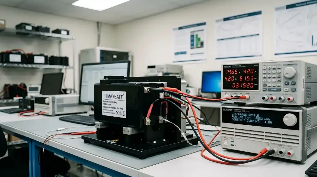 HiMAXBATT medical lithium battery pack connected to laboratory digital meters during runtime and capacity testing
