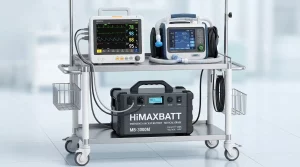 HiMAXBATT medical grade emergency backup battery pack placed on a medical cart alongside a patient monitor and portable ventilator