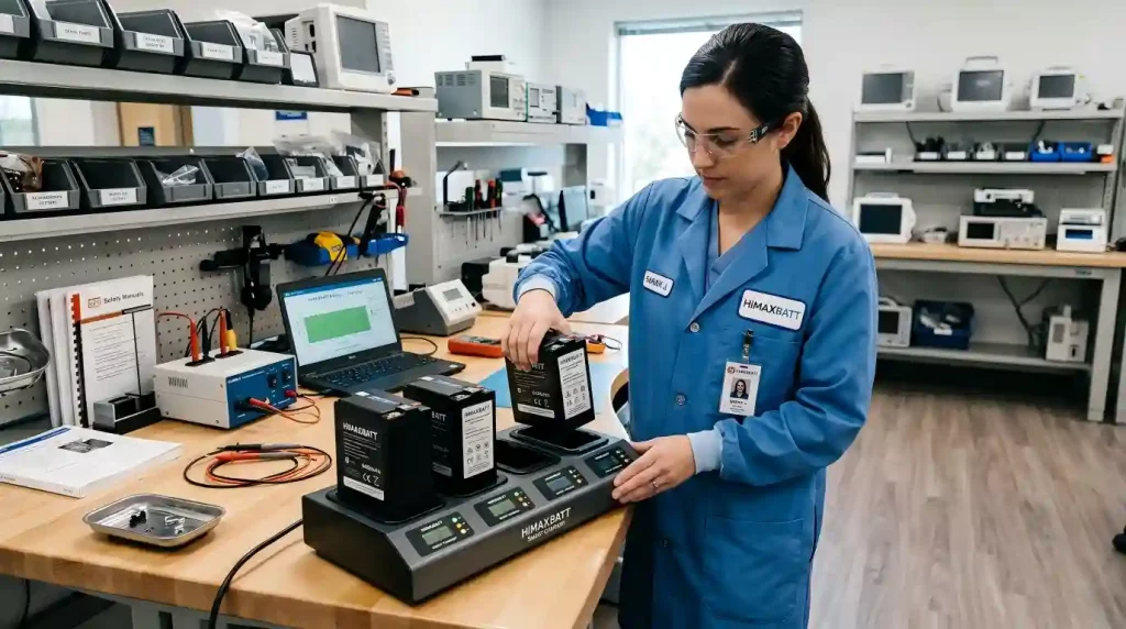 Medical equipment technician inserting HiMAXBATT backup battery into a smart multi-bay desktop charging dock
