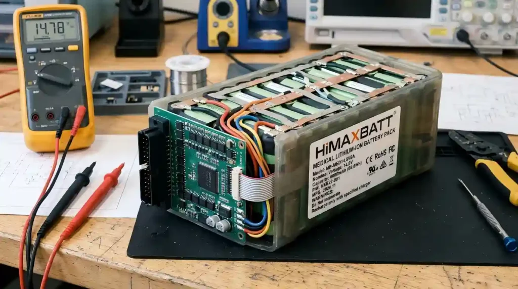 Close-up of HiMAXBATT medical lithium battery pack with integrated BMS protection board and multi-pin connector