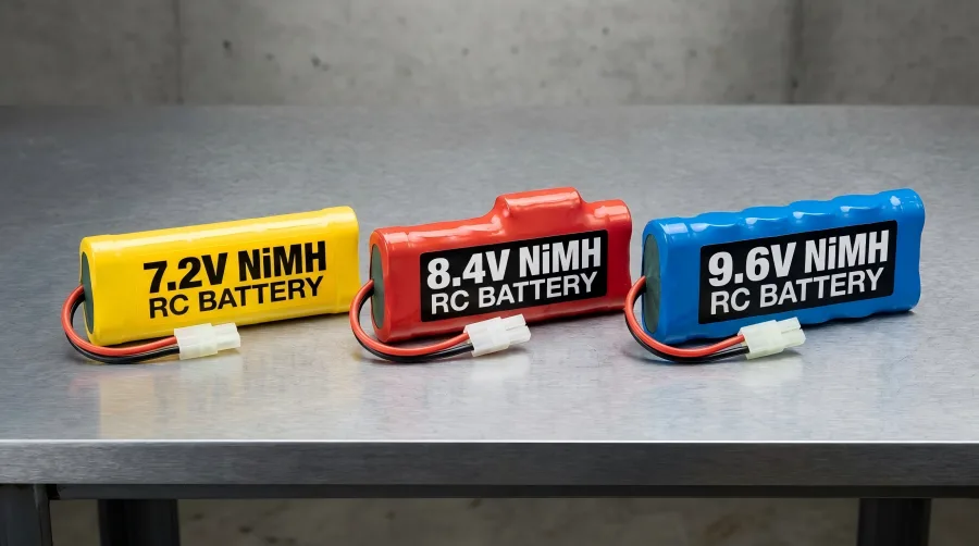 Side-by-side comparison of 7.2V, 8.4V, and 9.6V NiMH battery packs for RC models