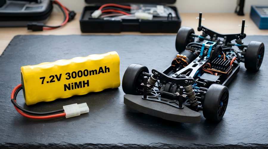 7.2V 3000mAh 6-cell NiMH RC battery pack with Tamiya connector placed next to an RC car chassis