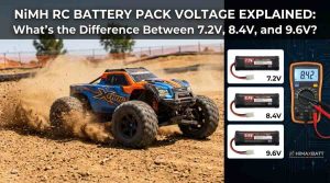 Blog thumbnail featuring 7.2V 8.4V 9.6V NiMH battery packs and a fast RC monster truck