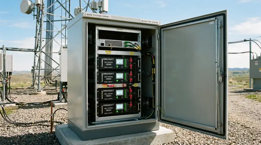 Outdoor 5G telecom base station cabinet with open door showing 48V LiFePO4 battery modules