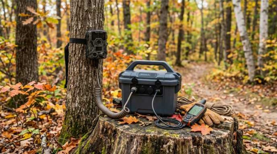 Compact waterproof lithium battery pack powering an outdoor wildlife trail camera in the forest