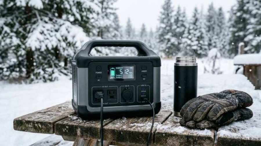 Close-up of a portable lithium battery power station showing clear Wh digital screen and output ports on a wooden outdoor table.