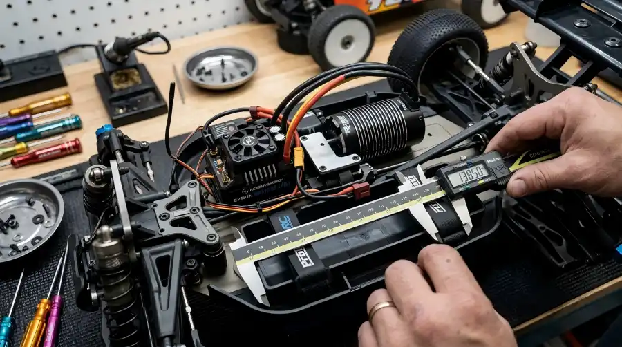 Close-up of an RC car electronic speed controller and battery compartment being measured with calipers