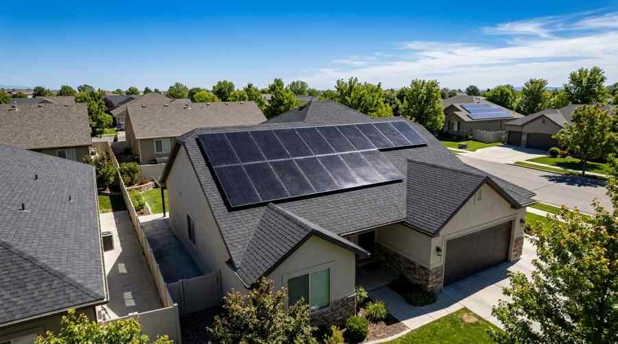 A modern suburban home roof fitted with a high-efficiency dark solar panel array under direct sunlight.