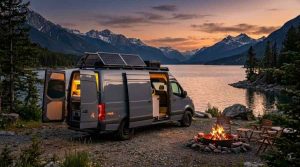 Unbranded RV camper van parked at a scenic mountain lake campsite during golden hour.