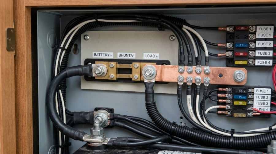 Close-up of unbranded RV battery current shunt wiring connection inside electrical box.