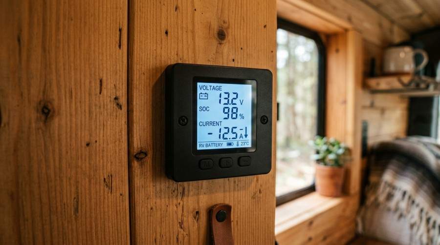 Digital RV battery monitor display showing battery voltage, state of charge, and current draw with clean unbranded casing.