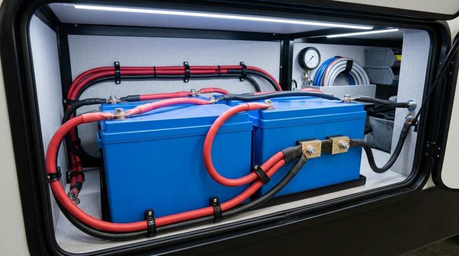 RV LiFePO4 battery bank system with current shunt in a clean compartment without logos.