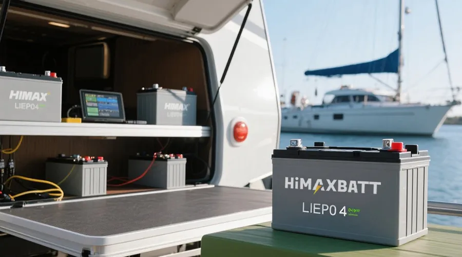 HiMAXBATT custom LiFePO4 battery bank configured inside an RV storage bay for off-grid power.