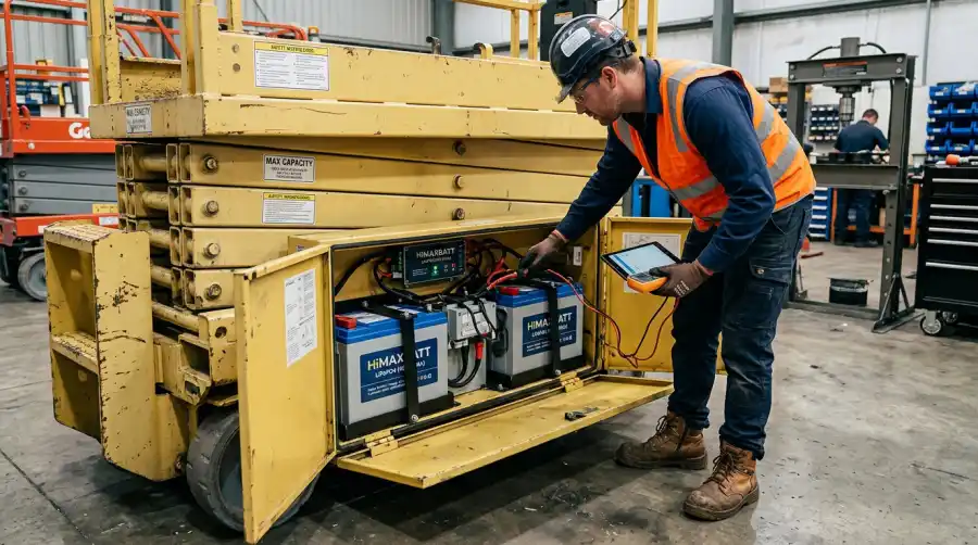 Maintenance technician installing a lithium battery system into an electric scissor lift battery tray