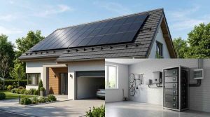 Overview of a complete home solar energy system featuring rooftop solar panels and a modular lithium battery bank.