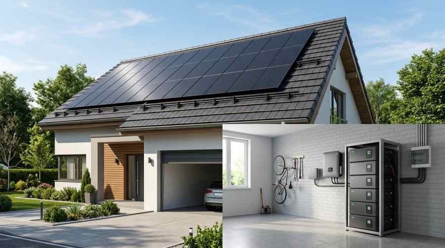Overview of a complete home solar energy system featuring rooftop solar panels and a modular lithium battery bank.