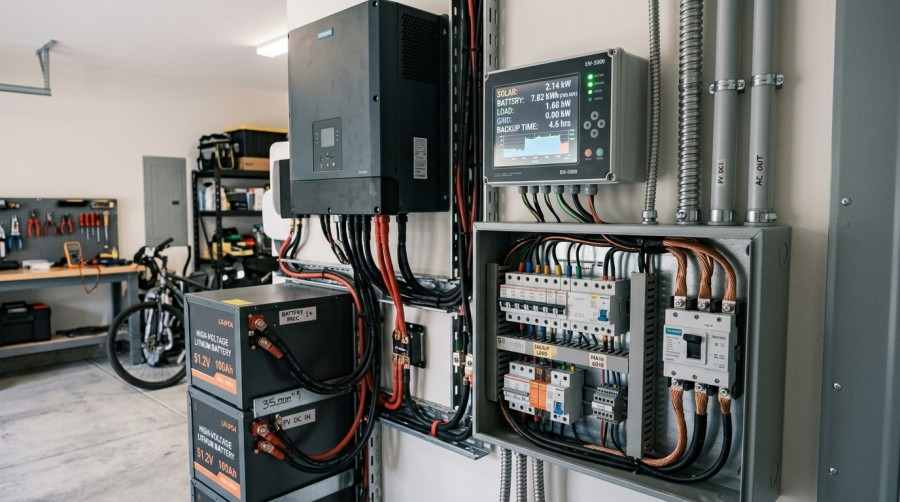 Heavy-duty copper cables, circuit breaker wiring, and a digital power meter display connected to a residential solar battery bank.