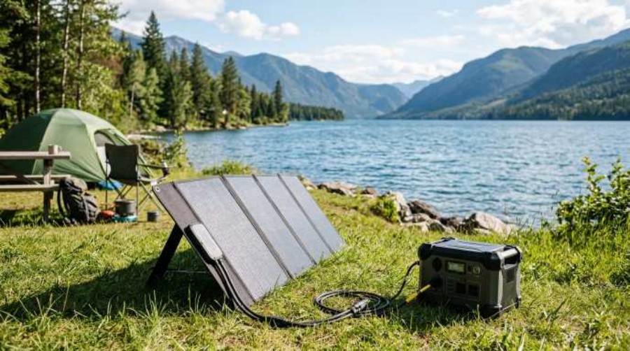 Foldable solar panel connected to a portable LiFePO4 battery pack at a scenic lakeside campsite
