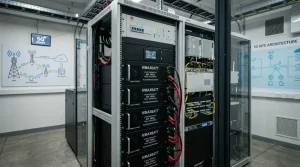 Rack-mounted 48V LiFePO4 telecom backup battery system in a 5G base station equipment room