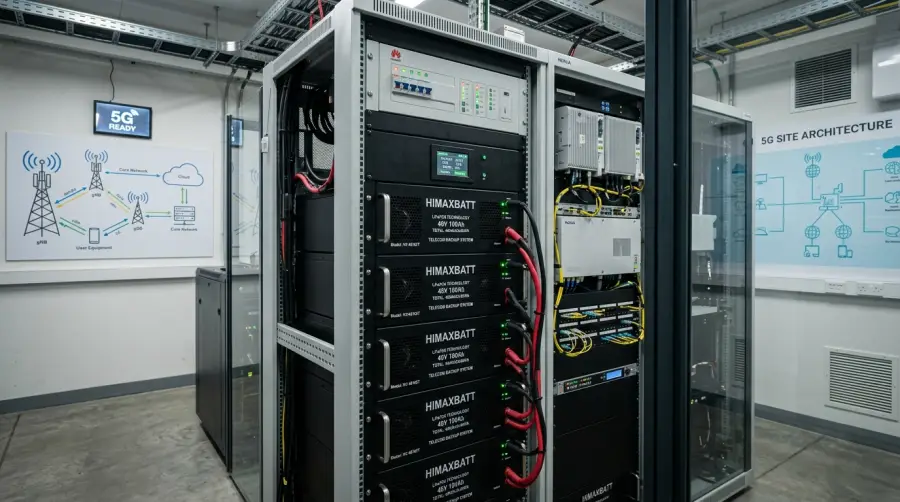 Rack-mounted 48V LiFePO4 telecom backup battery system in a 5G base station equipment room