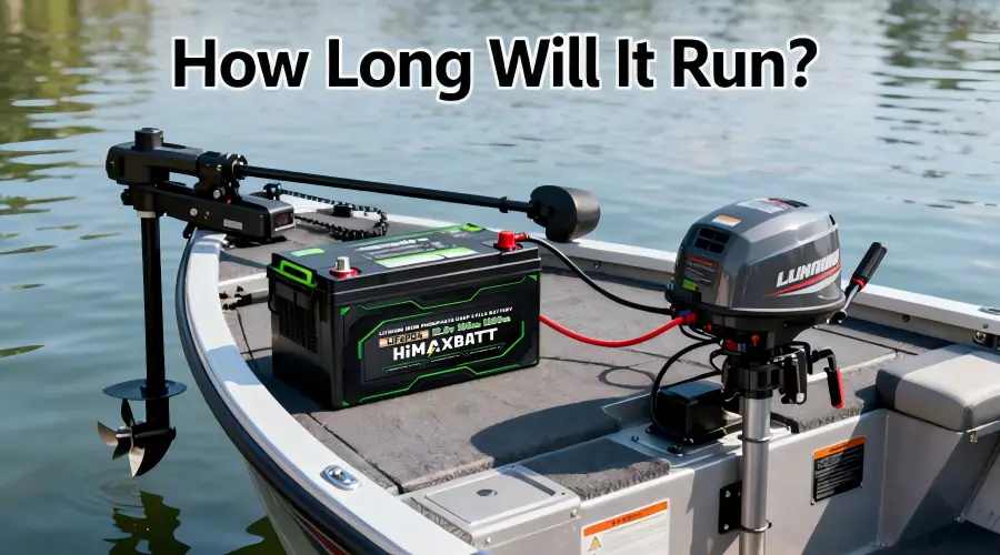 HiMAXBATT lithium battery on fishing boat with trolling motor, illustrating battery runtime for marine application