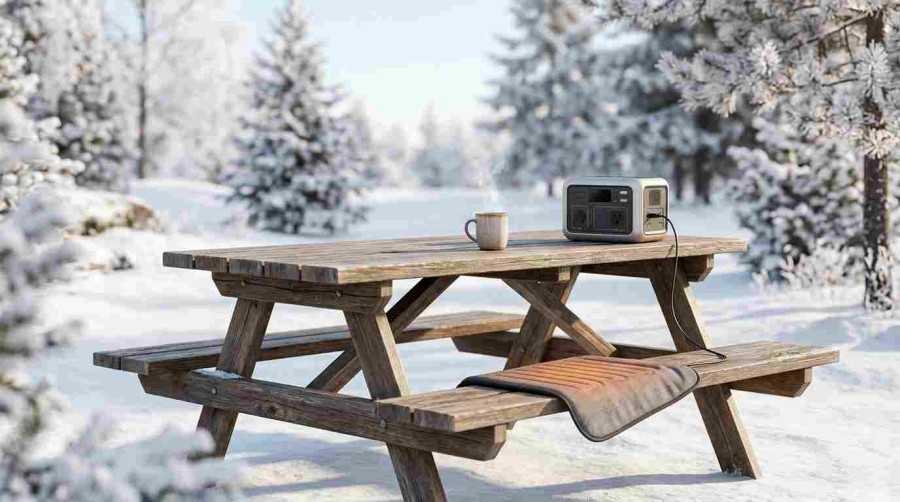 Featured cover shot showing a cozy winter outdoor picnic setting with steaming drinks and portable battery power for electric heating devices.
