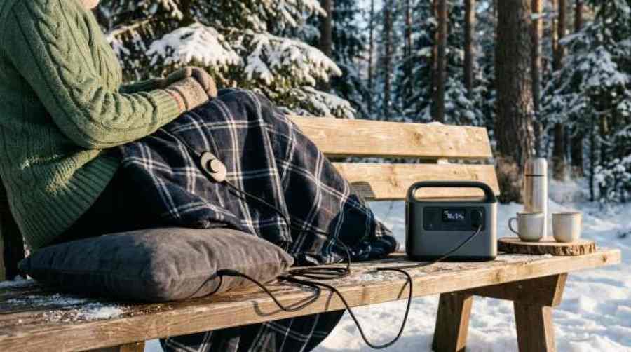 A cozy winter outdoor picnic setup with an electric heated blanket and cushion powered by a portable power station in a snowy forest.