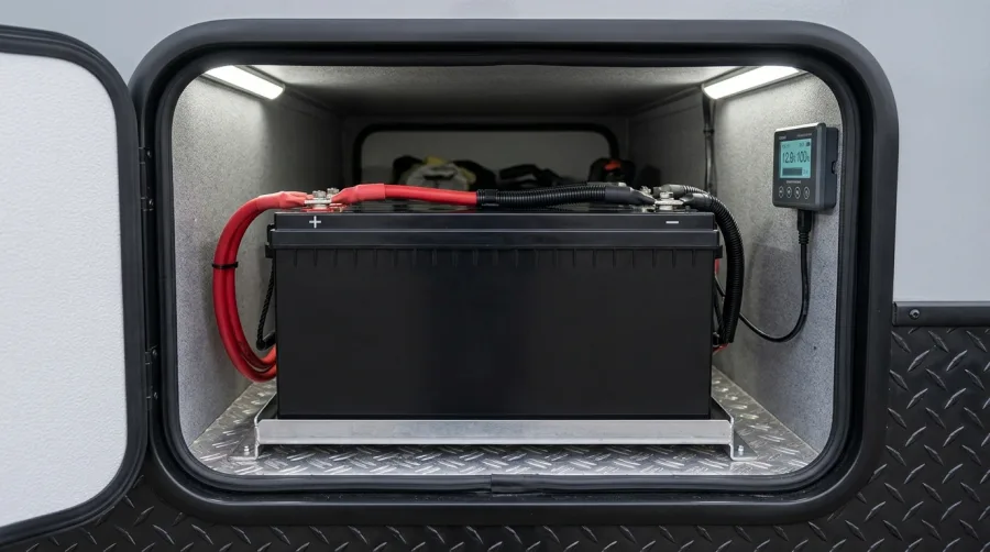 Modern 12V 320Ah LiFePO4 lithium RV battery mounted in storage bay