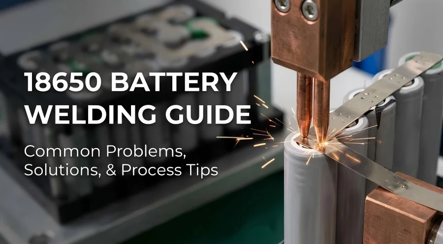 18650 battery spot welding process showing electrodes welding nickel strip onto battery cell.