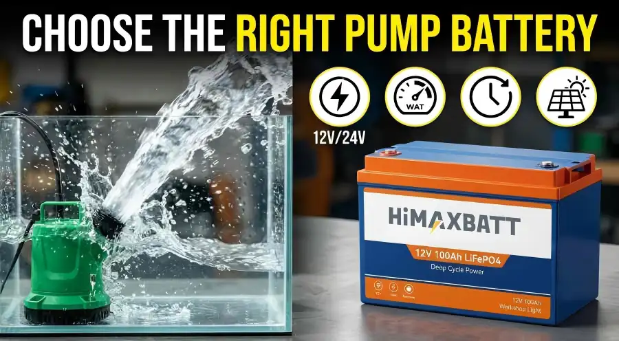 HiMAXBATT 12V 100Ah LiFePO4 battery paired with a submersible water pump.