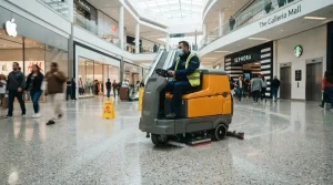Professional commercial floor scrubber cleaning a modern shopping mall floor