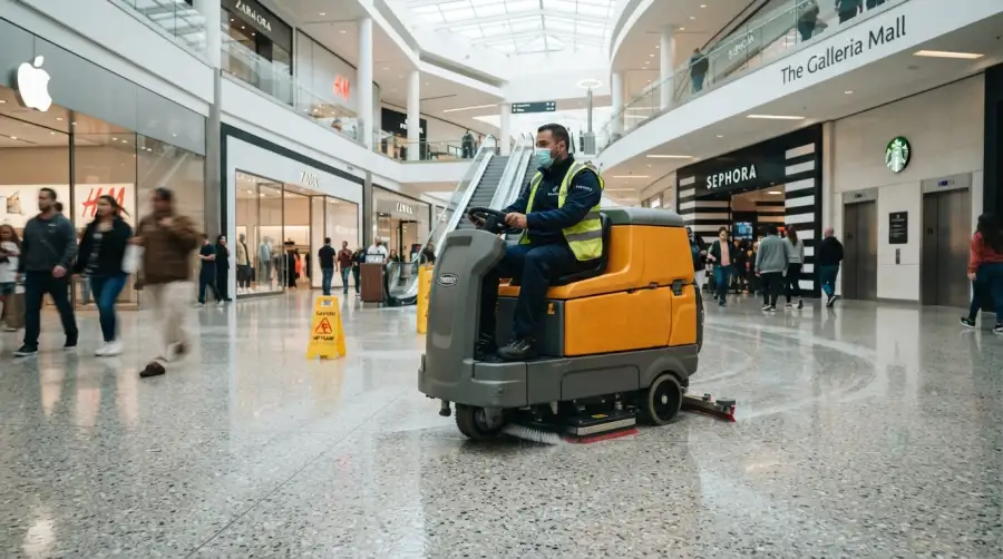 Professional commercial floor scrubber cleaning a modern shopping mall floor