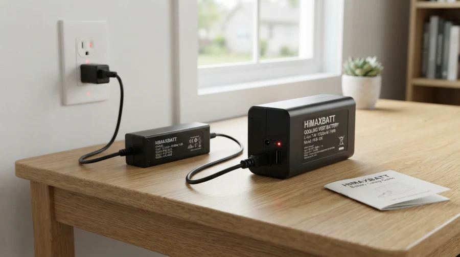Safely charging a cooling vest lithium battery on a desk