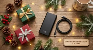 A festive Christmas gift box alongside a modern portable power station and power bank with holiday decorations.