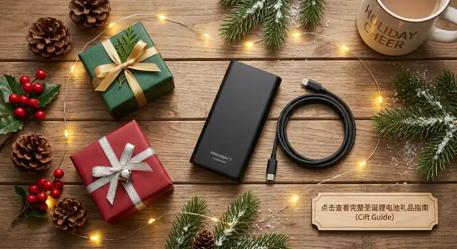 A festive Christmas gift box alongside a modern portable power station and power bank with holiday decorations.