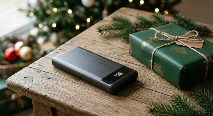 A modern power bank and smartphone on a festive wooden desk decorated with Christmas lights and pine branches.