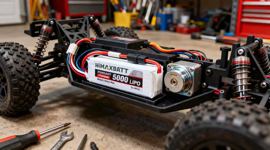 HiMAXBATT 5000mAh LiPo battery pack installed inside an off-road RC car chassis layout.