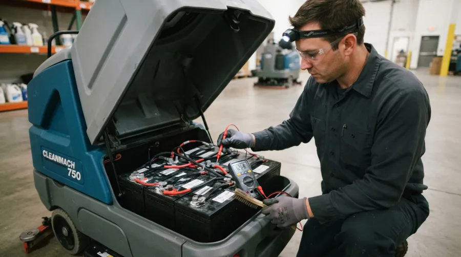 Technician inspecting lead-acid battery terminals in a commercial floor cleaning machine