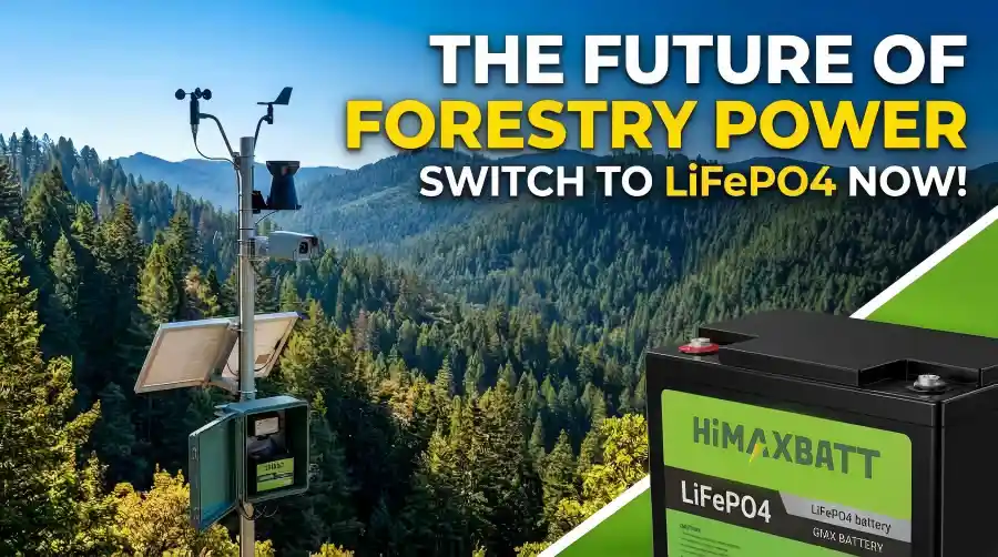 HiMAXBATT LiFePO4 battery powering an off-grid forest monitoring weather station.