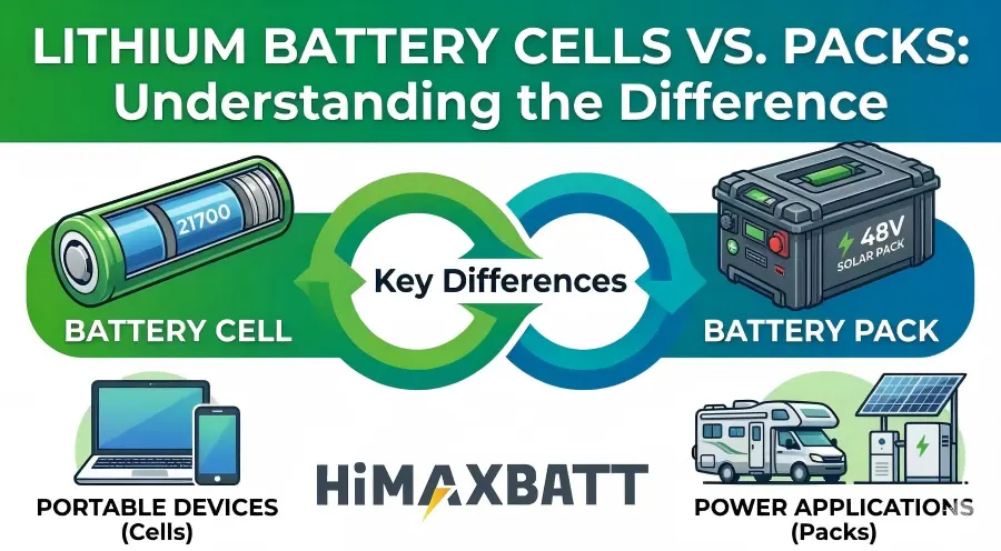 Infographic by HiMAXBATT illustrating key differences between a 21700 lithium battery cell and a 48V solar battery pack.